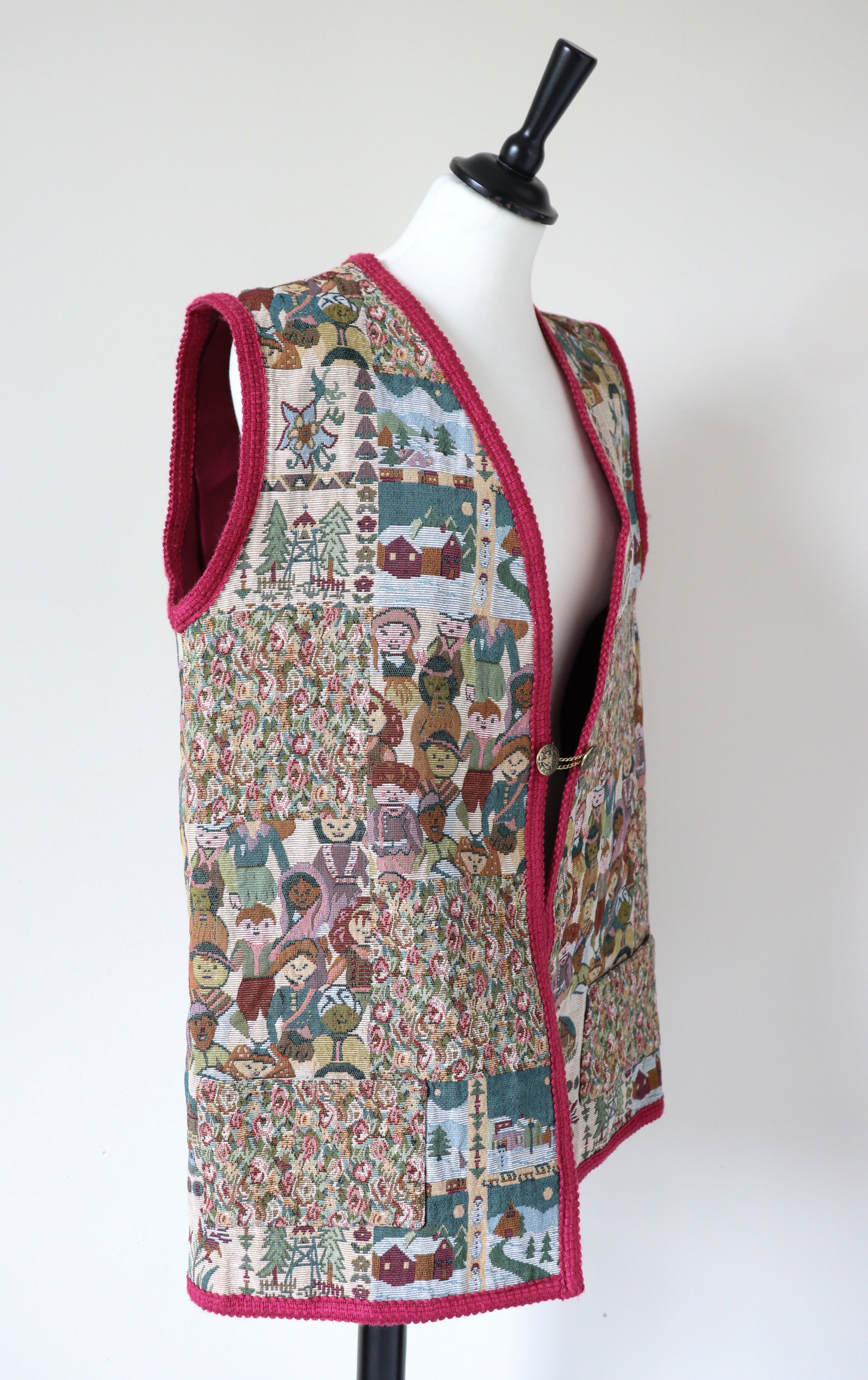 Woven Tapestry Long Waistcoat / Gilet - Vintage 1980s - L / XL - UK 14 / 16