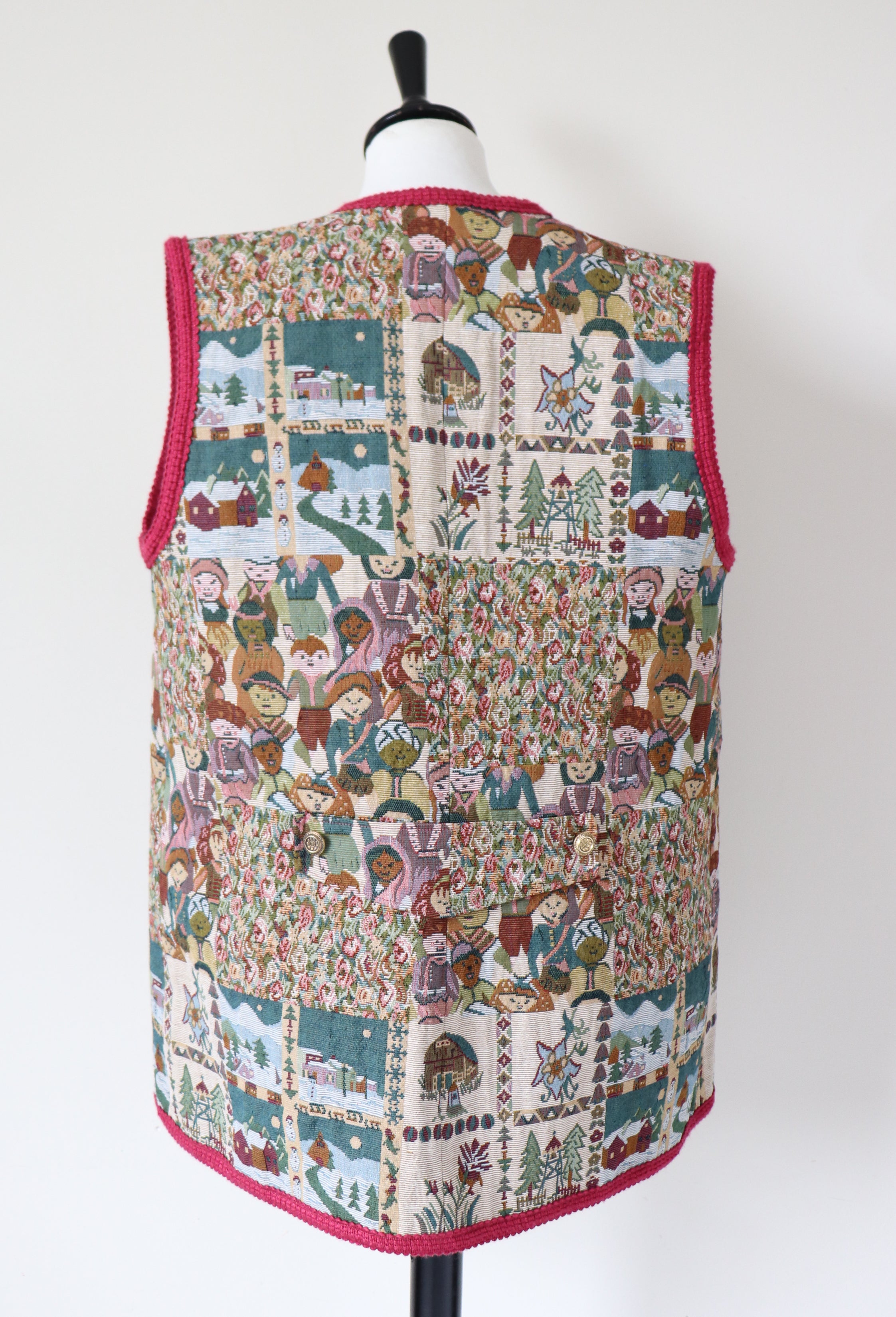 Woven Tapestry Long Waistcoat / Gilet - Vintage 1980s - L / XL - UK 14 / 16