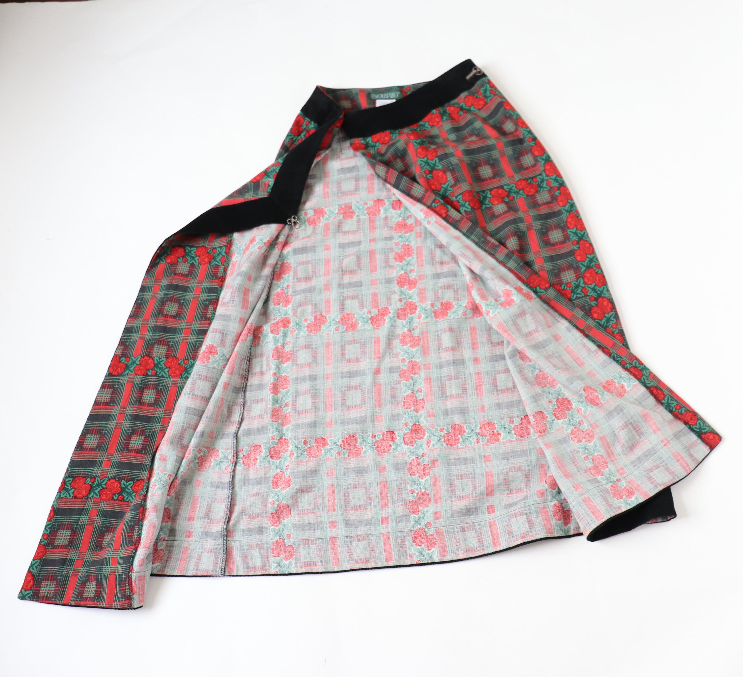 Vintage 1990s Midi Wrap Skirt - Red / Green Plaid Roses - Souleiado - XS / S - Fit UK 8 / 10