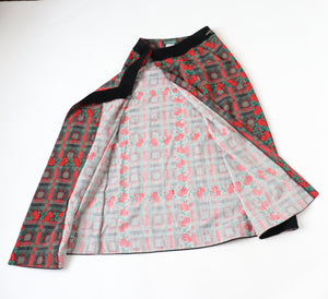 Vintage 1990s Midi Wrap Skirt - Red / Green Plaid Roses - Souleiado - XS / S - Fit UK 8 / 10