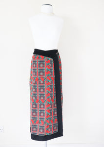Vintage 1990s Midi Wrap Skirt - Red / Green Plaid Roses - Souleiado - XS / S - Fit UK 8 / 10