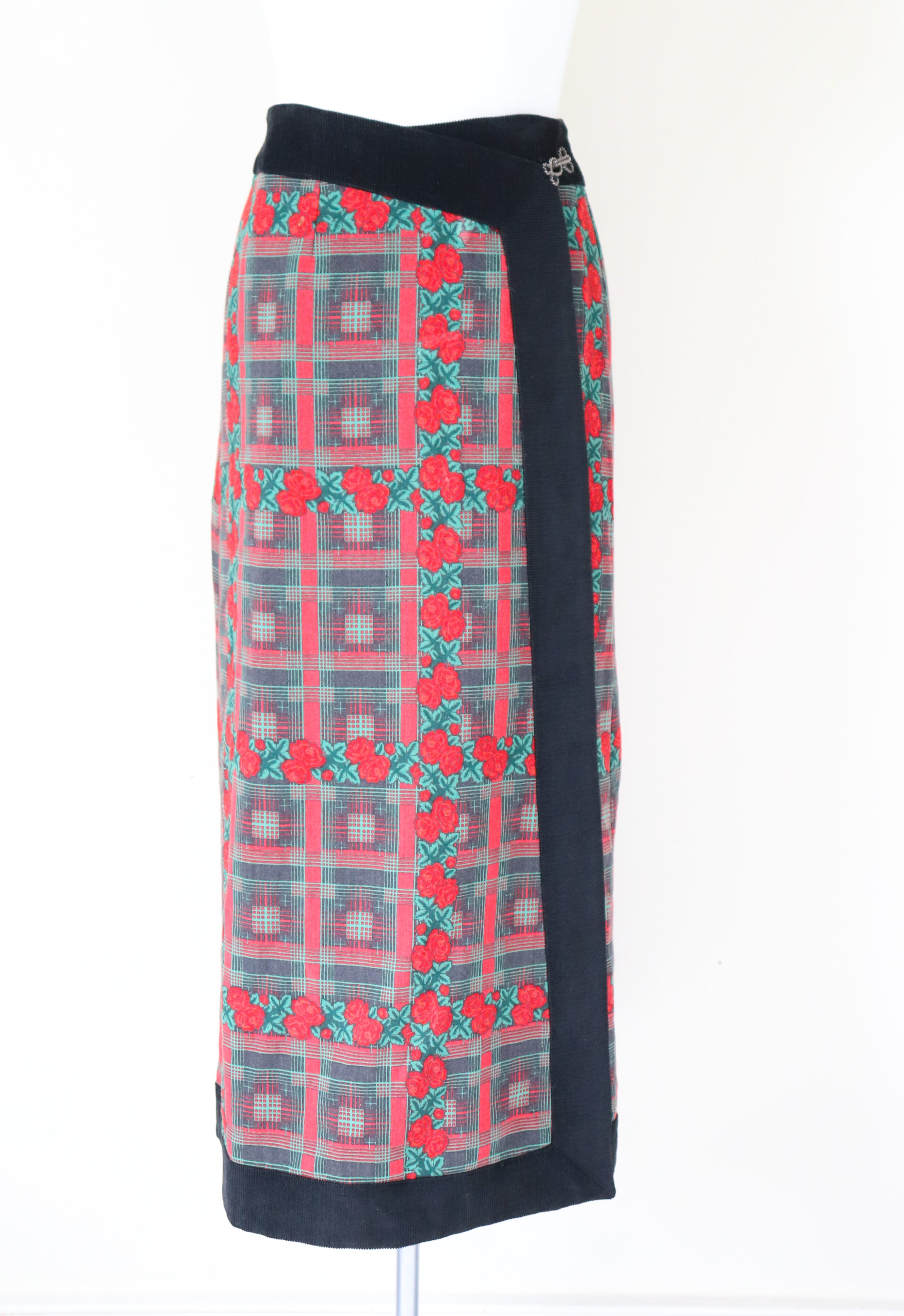 Vintage 1990s Midi Wrap Skirt - Red / Green Plaid Roses - Souleiado - XS / S - Fit UK 8 / 10