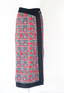 Vintage 1990s Midi Wrap Skirt - Red / Green Plaid Roses - Souleiado - XS / S - Fit UK 8 / 10