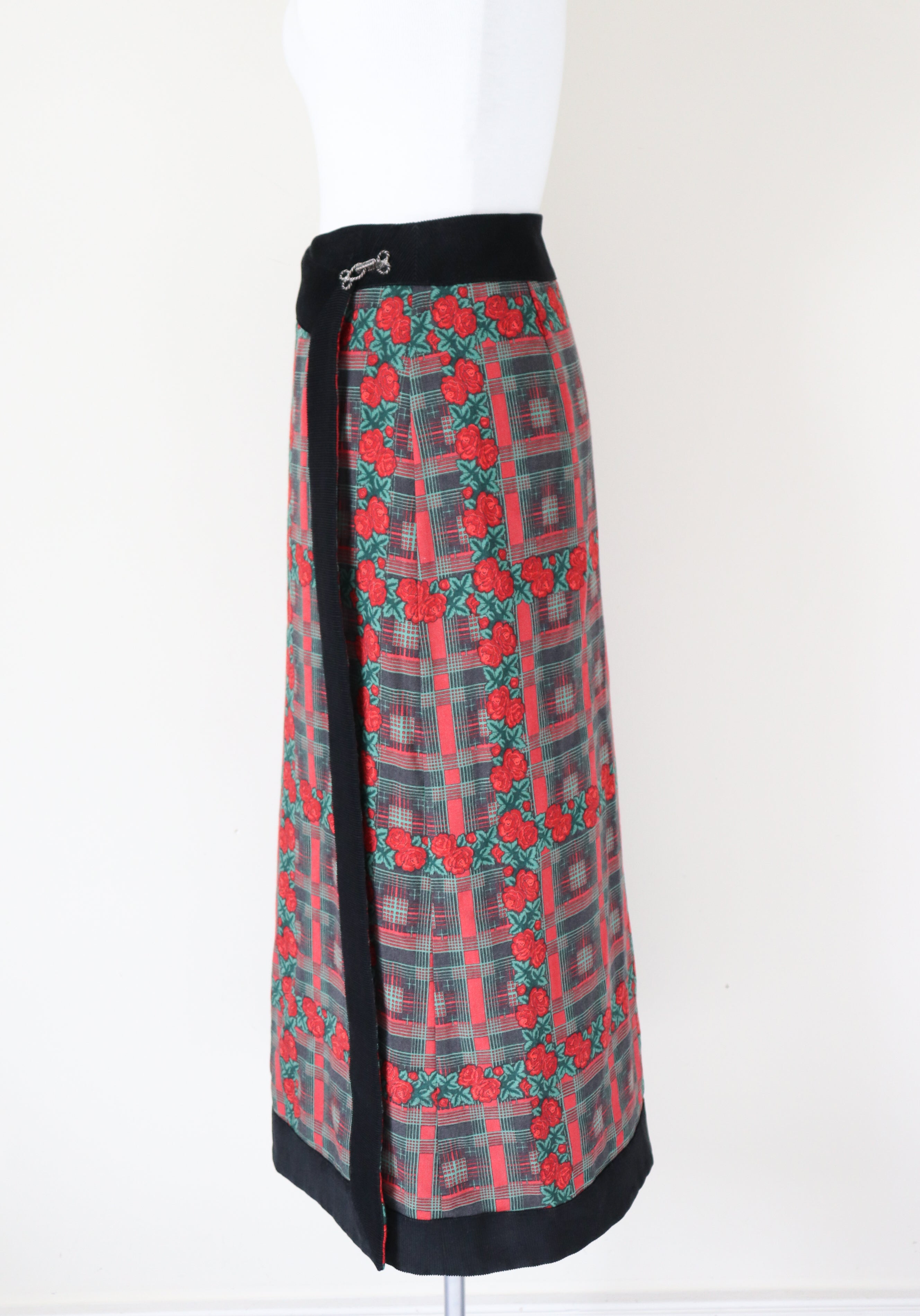 Vintage 1990s Midi Wrap Skirt - Red / Green Plaid Roses - Souleiado - XS / S - Fit UK 8 / 10