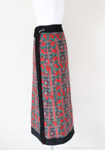 Vintage 1990s Midi Wrap Skirt - Red / Green Plaid Roses - Souleiado - XS / S - Fit UK 8 / 10