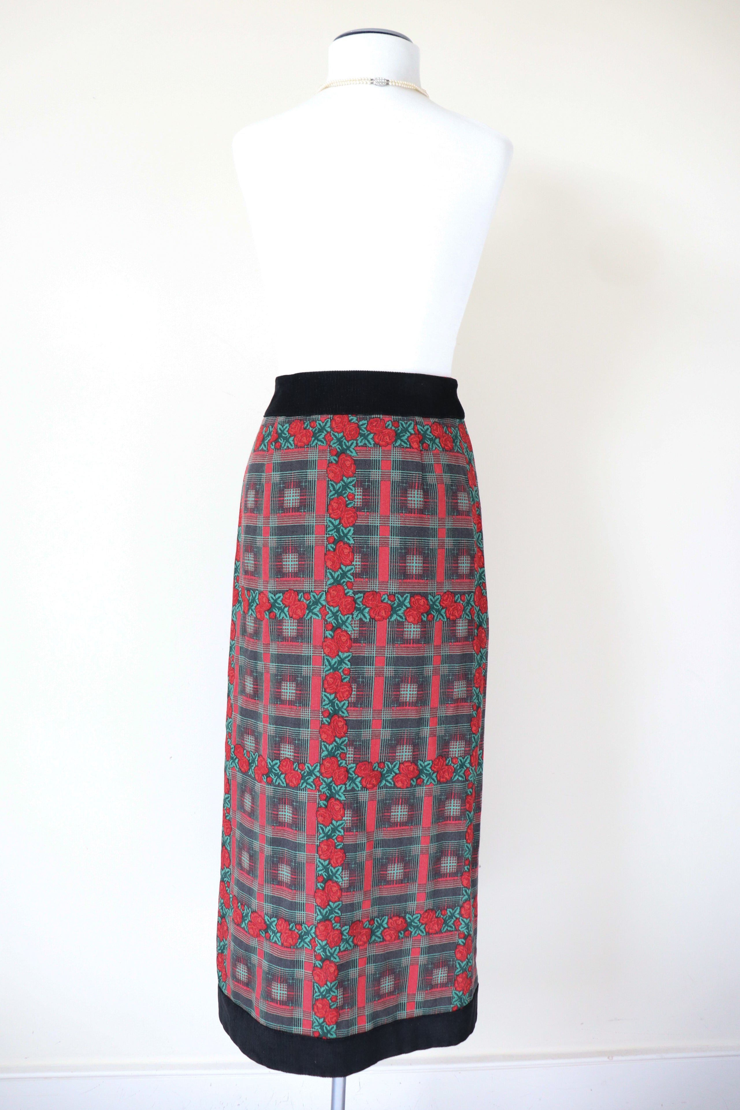 Vintage 1990s Midi Wrap Skirt - Red / Green Plaid Roses - Souleiado - XS / S - Fit UK 8 / 10