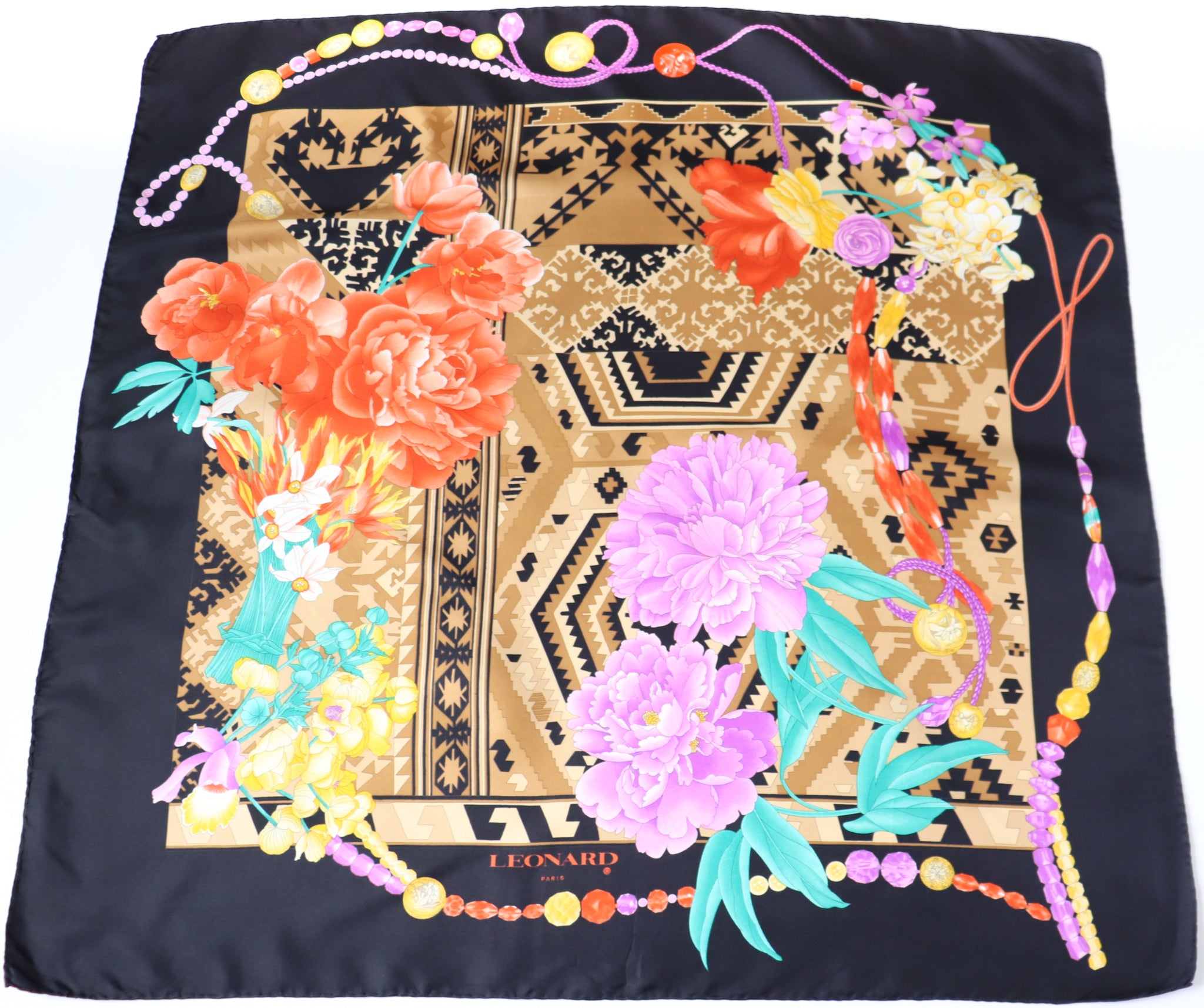 Leonard Vintage Silk Scarf - Ikat / Floral Print  - 90 x 90 LARGE