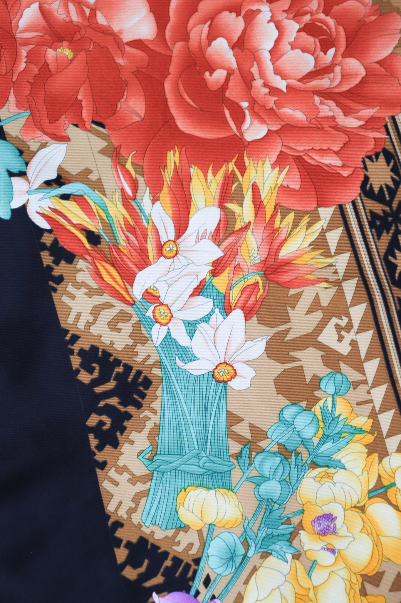 Leonard Vintage Silk Scarf - Ikat / Floral Print  - 90 x 90 LARGE