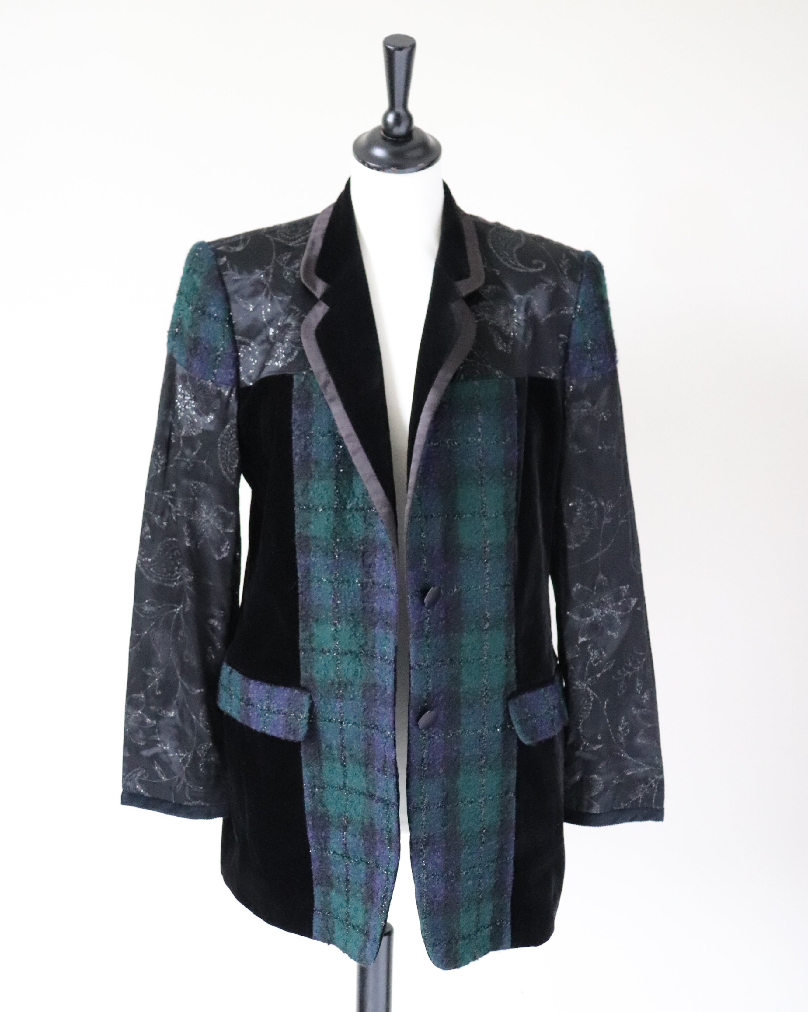 Antonette Plaid Evening Jacket - Green / Black Wool / Velvet - M / UK 12