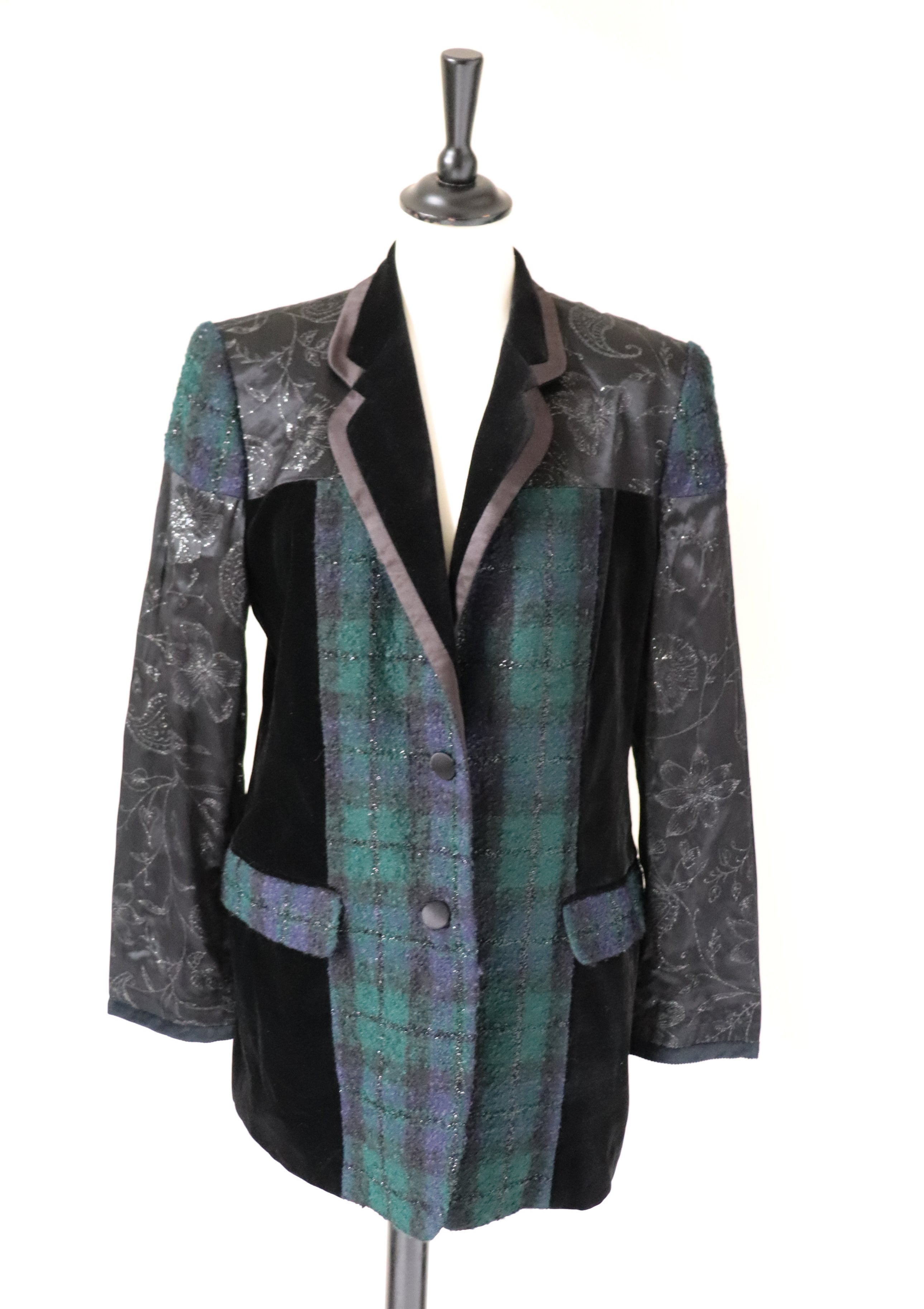 Antonette Plaid Evening Jacket - Green / Black Wool / Velvet - M / UK 12