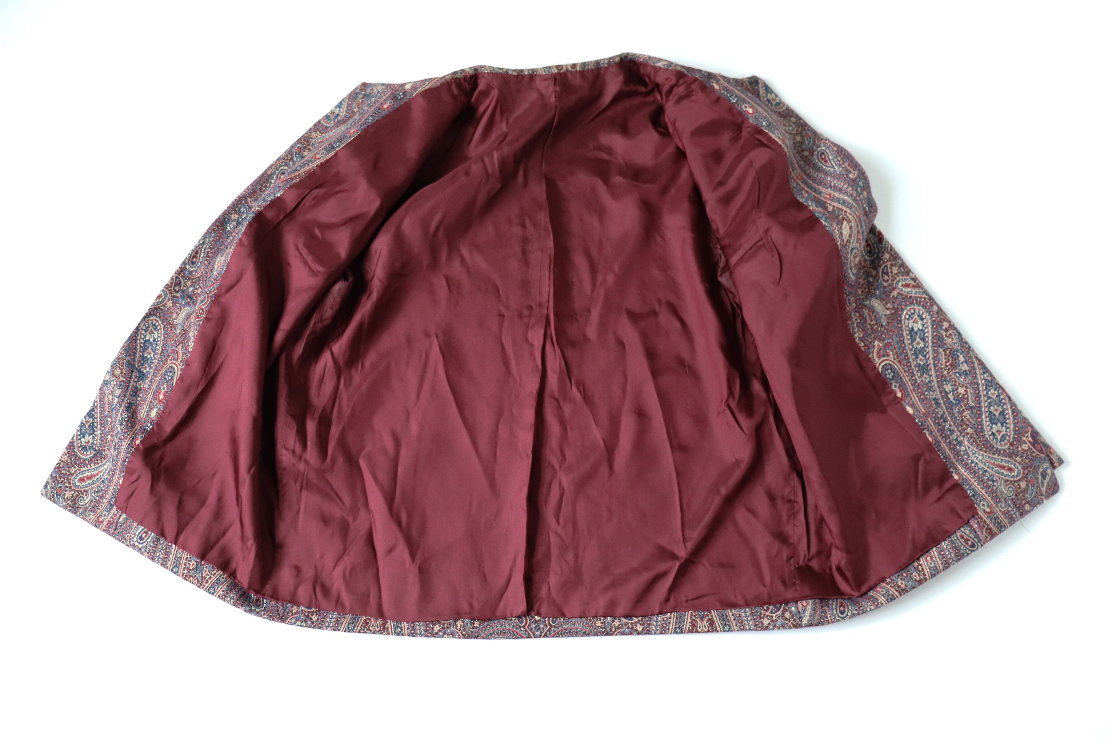 Collarless Vintage Evening Jacket - Lurex Paisley Gold Red - L / XL - UK 14 / 16