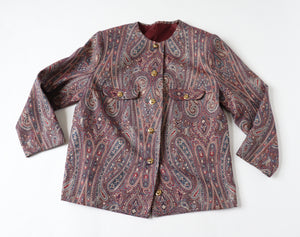 Collarless Vintage Evening Jacket - Lurex Paisley Gold Red - L / XL - UK 14 / 16