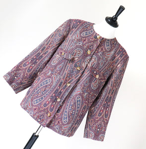 Collarless Vintage Evening Jacket - Lurex Paisley Gold Red - L / XL - UK 14 / 16