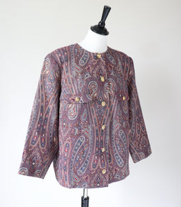 Collarless Vintage Evening Jacket - Lurex Paisley Gold Red - L / XL - UK 14 / 16