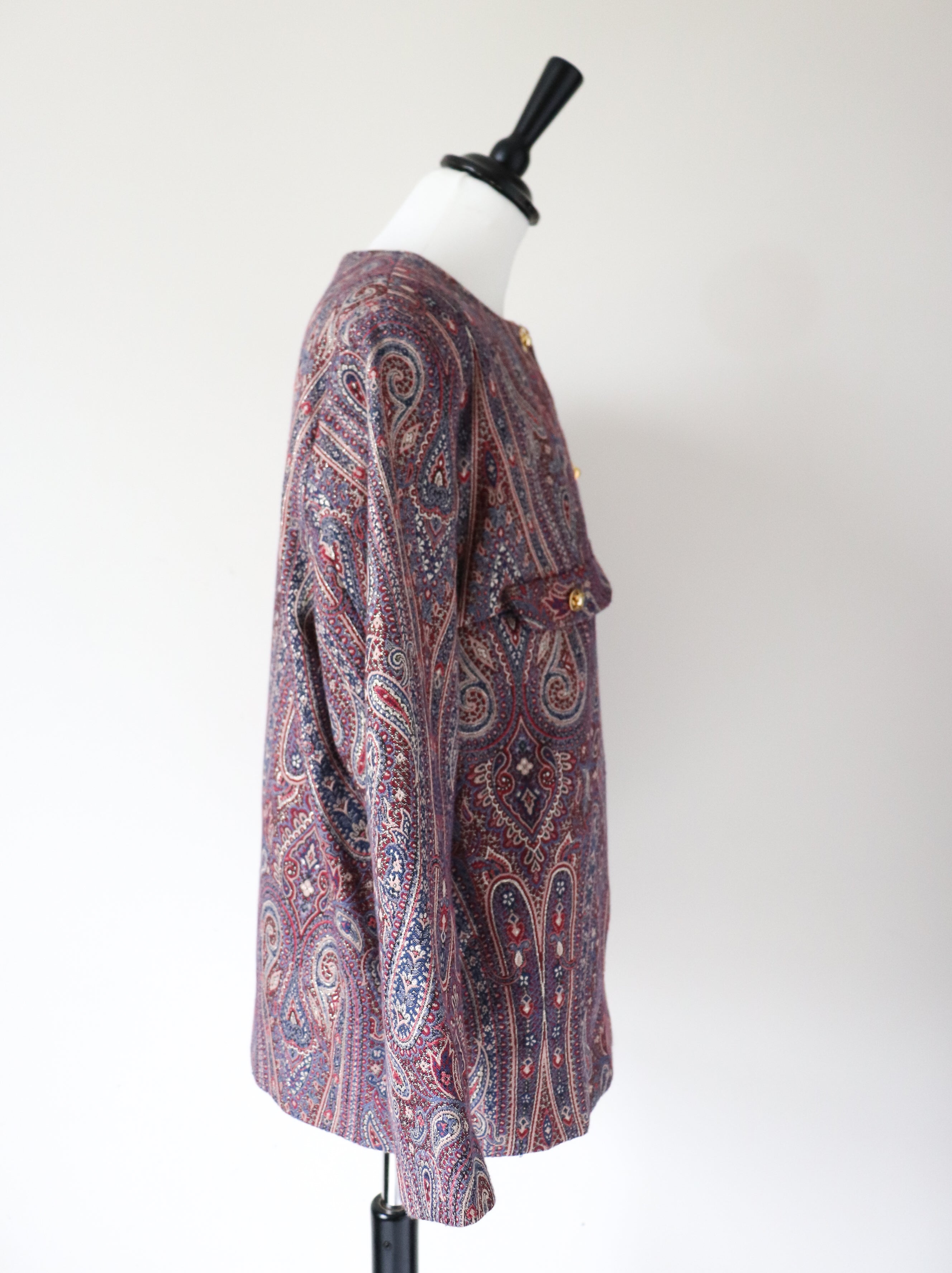 Collarless Vintage Evening Jacket - Lurex Paisley Gold Red - L / XL - UK 14 / 16