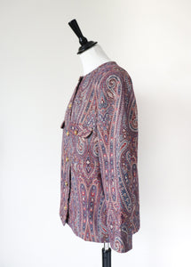 Collarless Vintage Evening Jacket - Lurex Paisley Gold Red - L / XL - UK 14 / 16