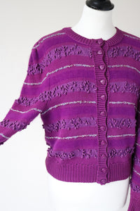 Vintage Knitted Cropped Cardigan- 1980s - Purple - M /  UK 12