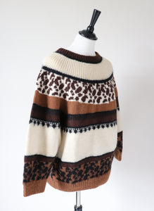 Vintage Animal Print Jumper - Beatnik / New Wave - Cream / Brown - M / UK 12