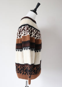 Vintage Animal Print Jumper - Beatnik / New Wave - Cream / Brown - M / UK 12