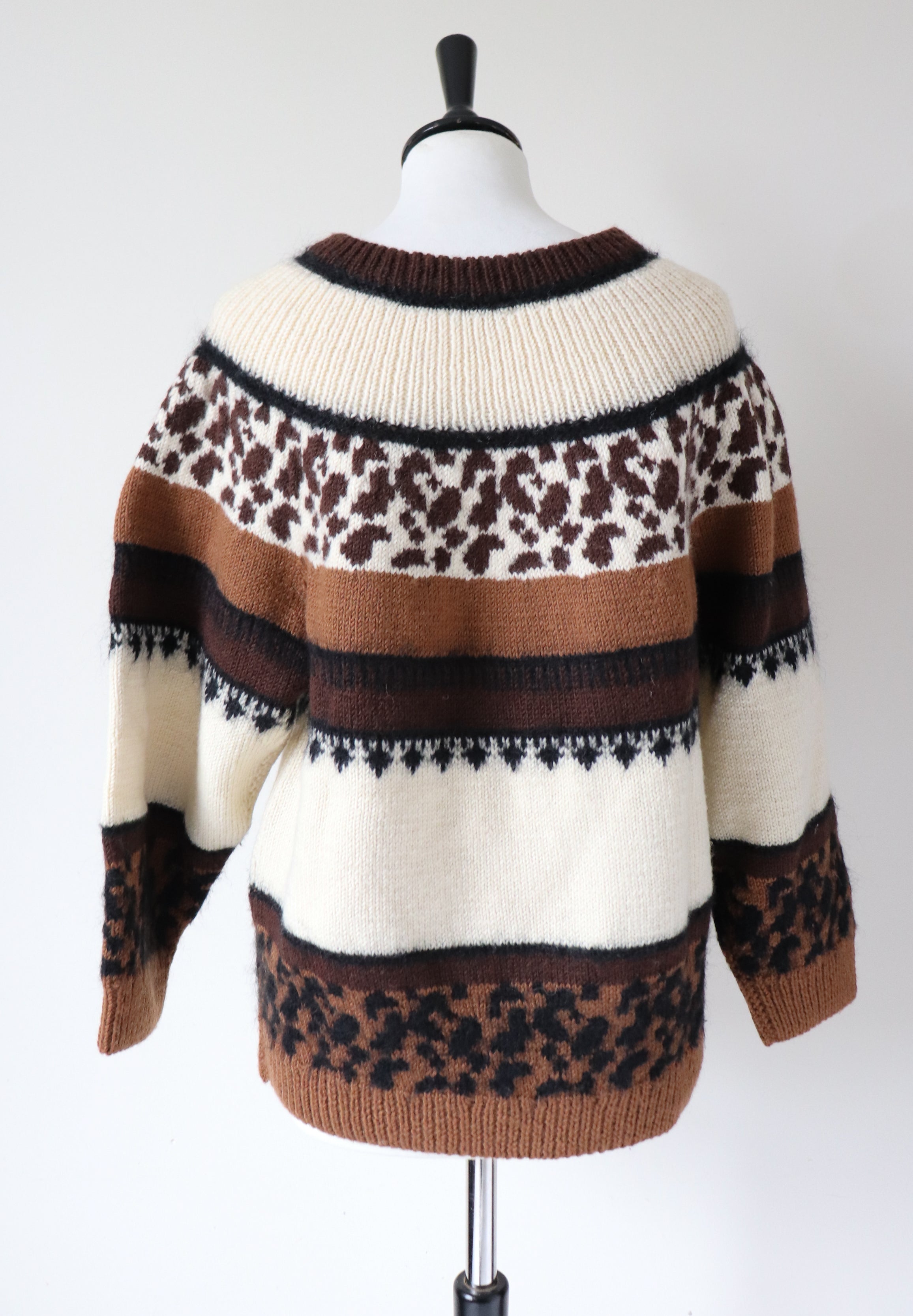 Vintage Animal Print Jumper - Beatnik / New Wave - Cream / Brown - M / UK 12