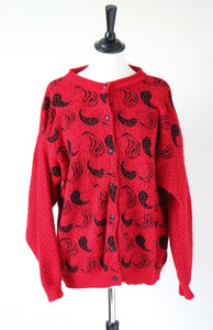 Vintage Red / Black Cardigan - Paisley Pattern - Drop Shoulder - M / UK 12