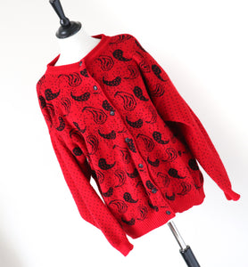 Vintage Red / Black Cardigan - Paisley Pattern - Drop Shoulder - M / UK 12