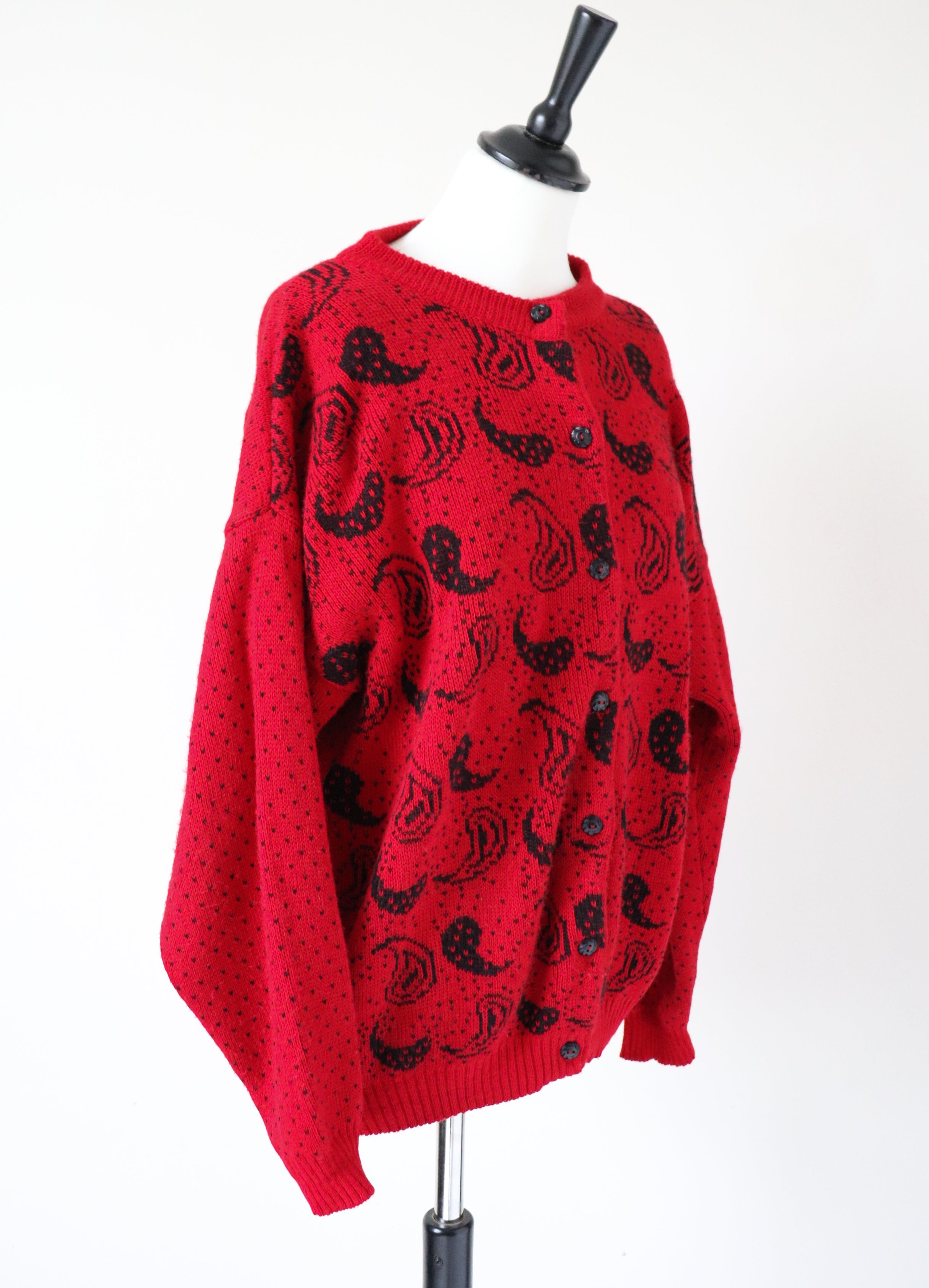 Vintage Red / Black Cardigan - Paisley Pattern - Drop Shoulder - M / UK 12