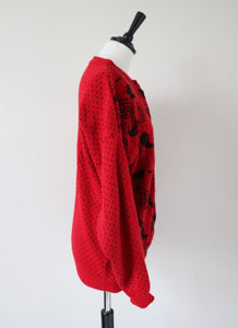 Vintage Red / Black Cardigan - Paisley Pattern - Drop Shoulder - M / UK 12