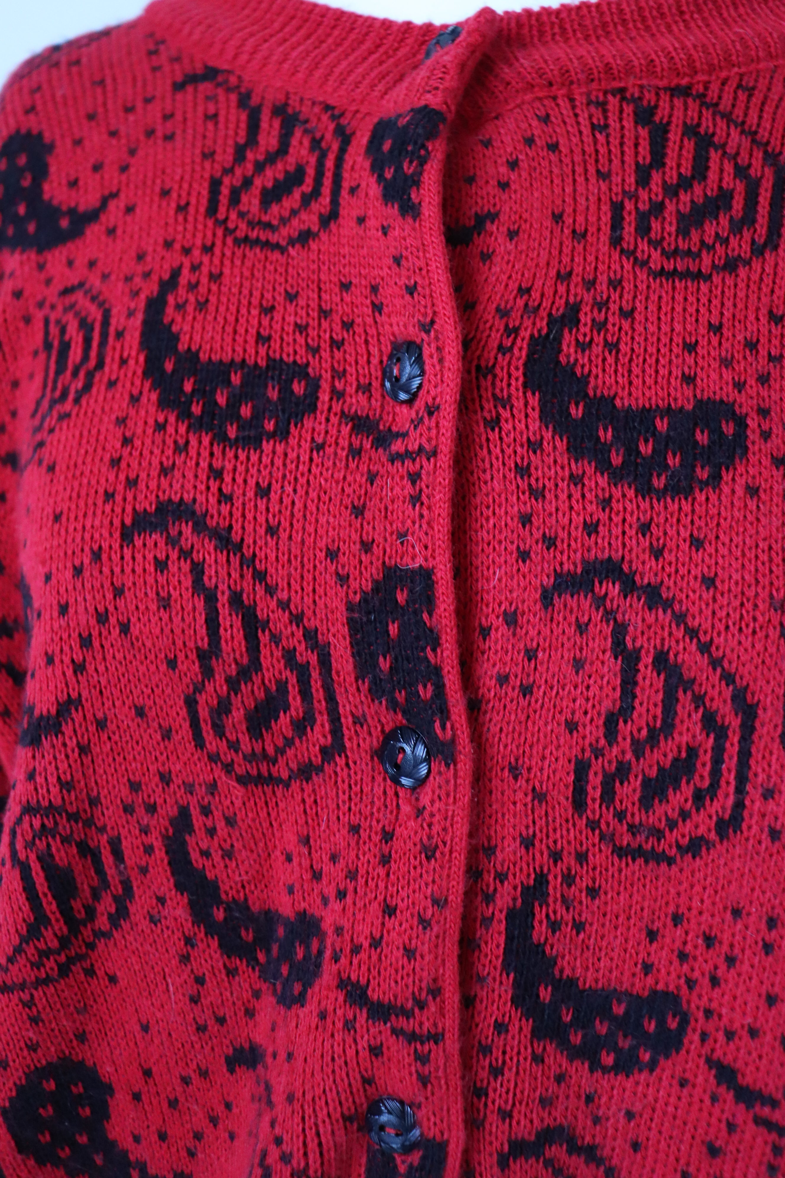 Vintage Red / Black Cardigan - Paisley Pattern - Drop Shoulder - M / UK 12