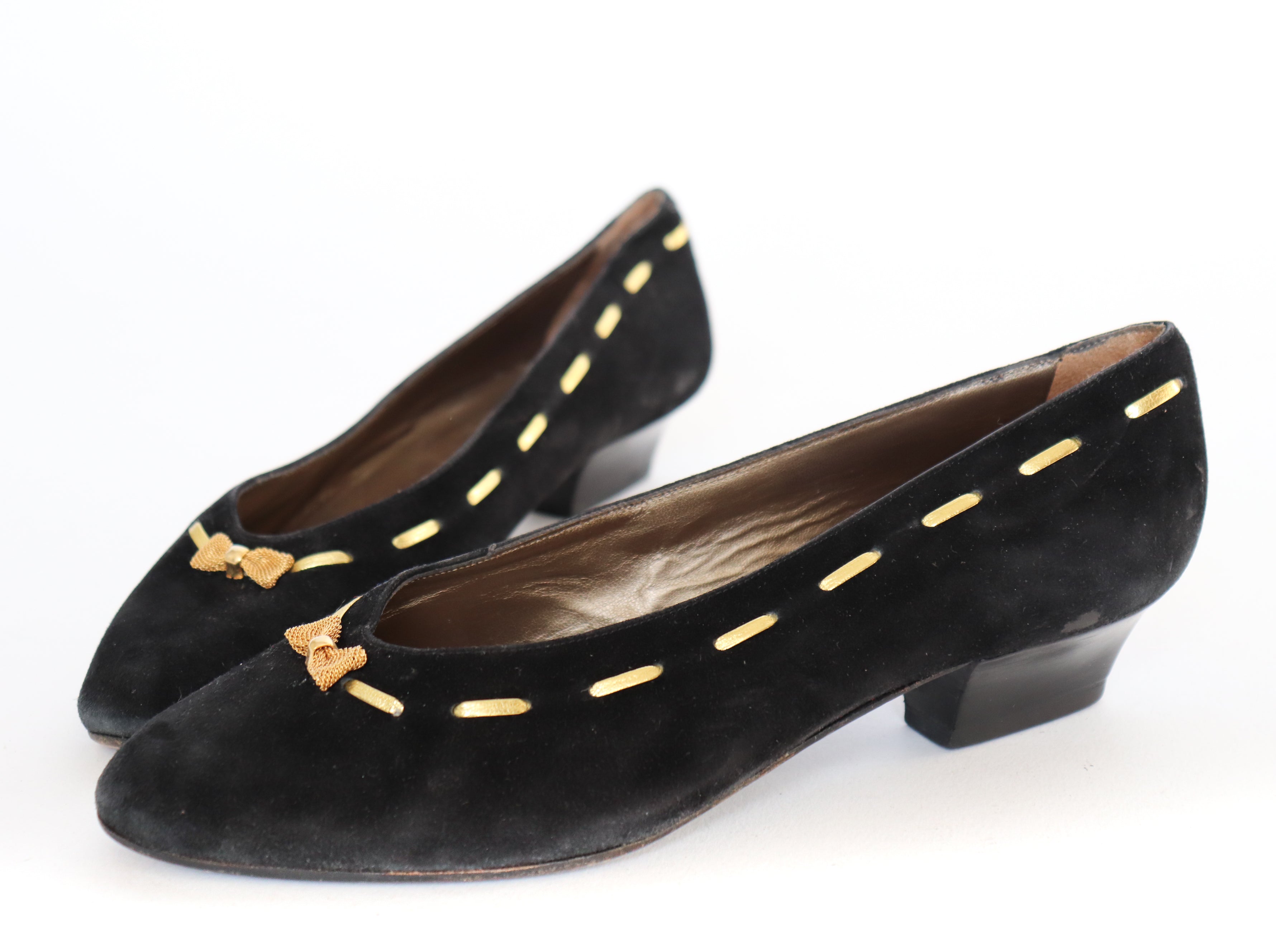 Vintage Bow Pumps -  Black / Gold Suede Leather - Narrow 38 / UK 5