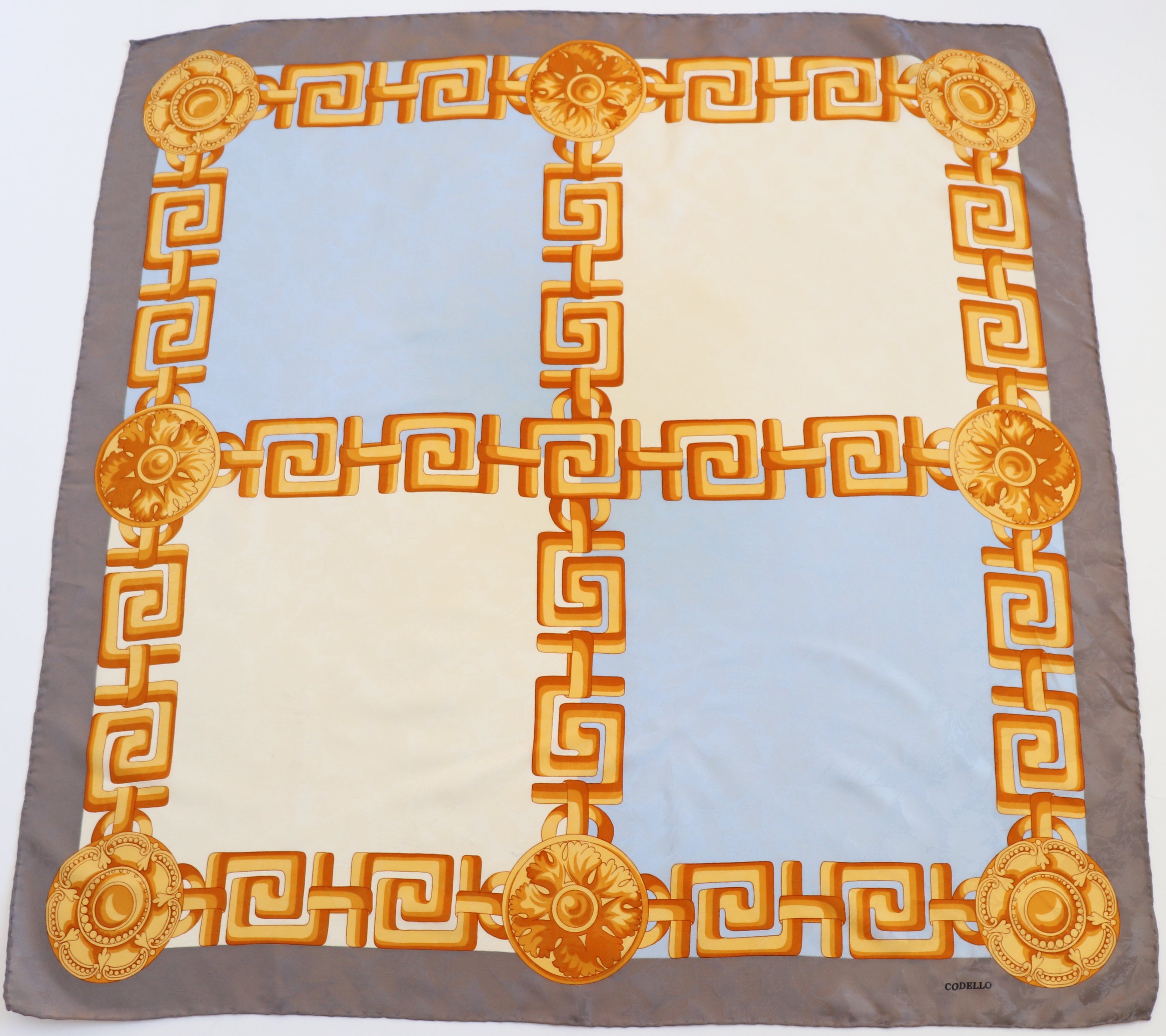 Codello Vintage Silk Scarf - Chains Print - Blue / Cream / Grey - LARGE