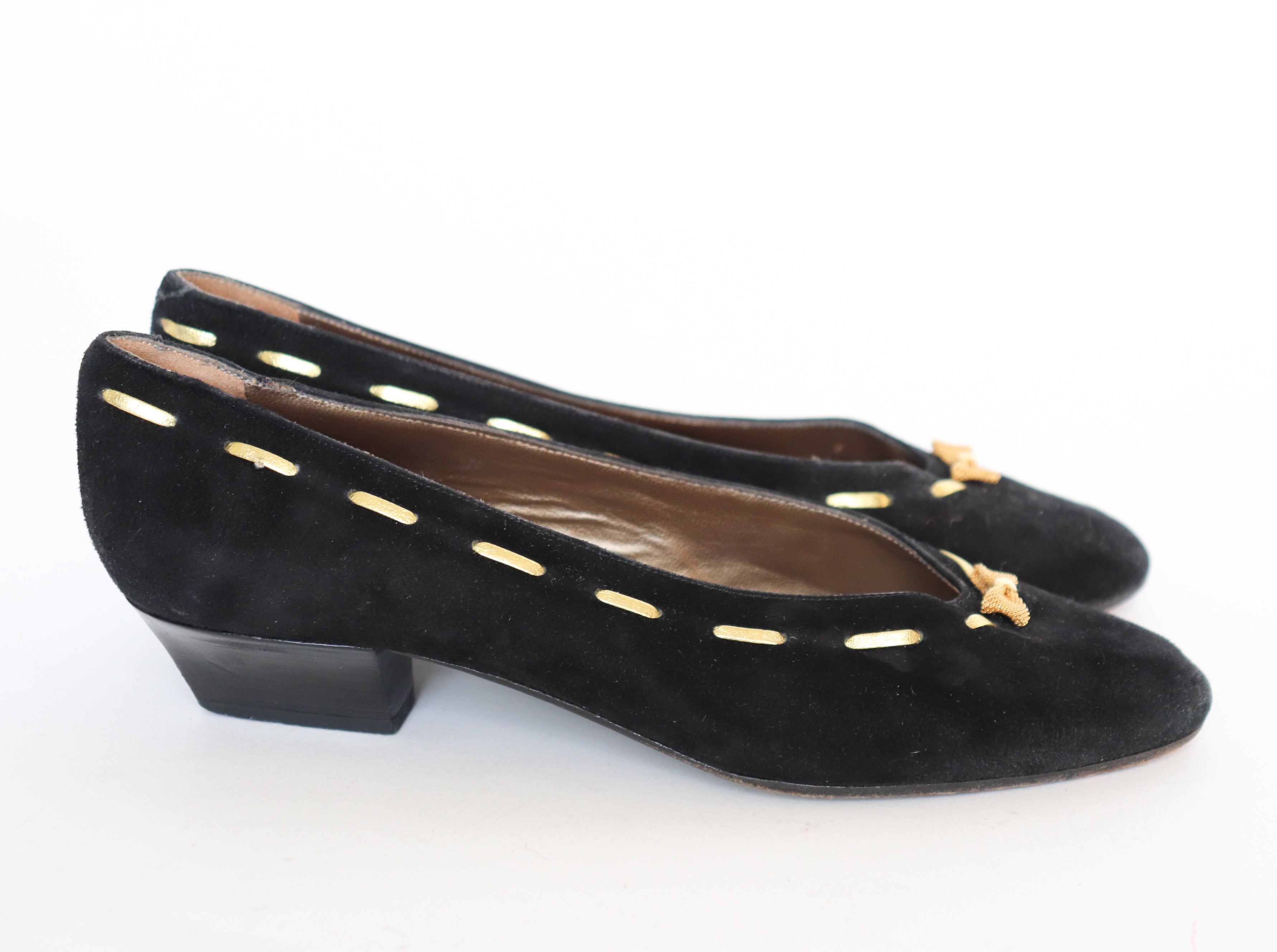 Vintage Bow Pumps - Black / Gold Suede Leather - Narrow 38 / UK 5