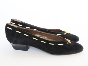 Vintage Bow Pumps - Black / Gold Suede Leather - Narrow 38 / UK 5