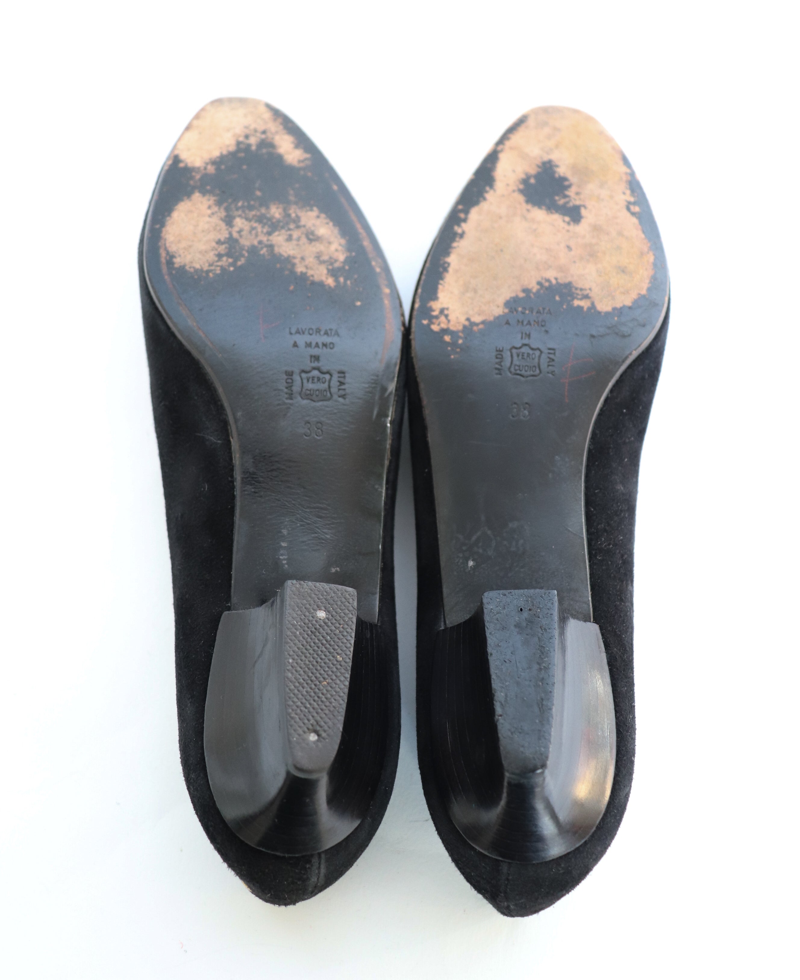 Vintage Bow Pumps - Black / Gold Suede Leather - Narrow 38 / UK 5