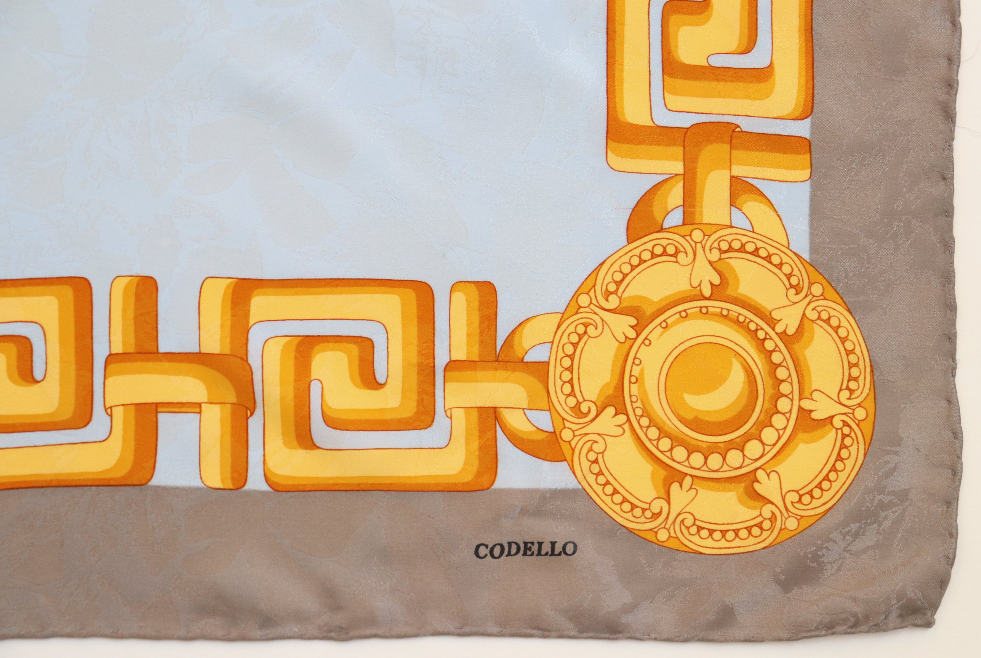 Codello Vintage Silk Scarf - Chains Print - Blue / Cream / Grey - LARGE