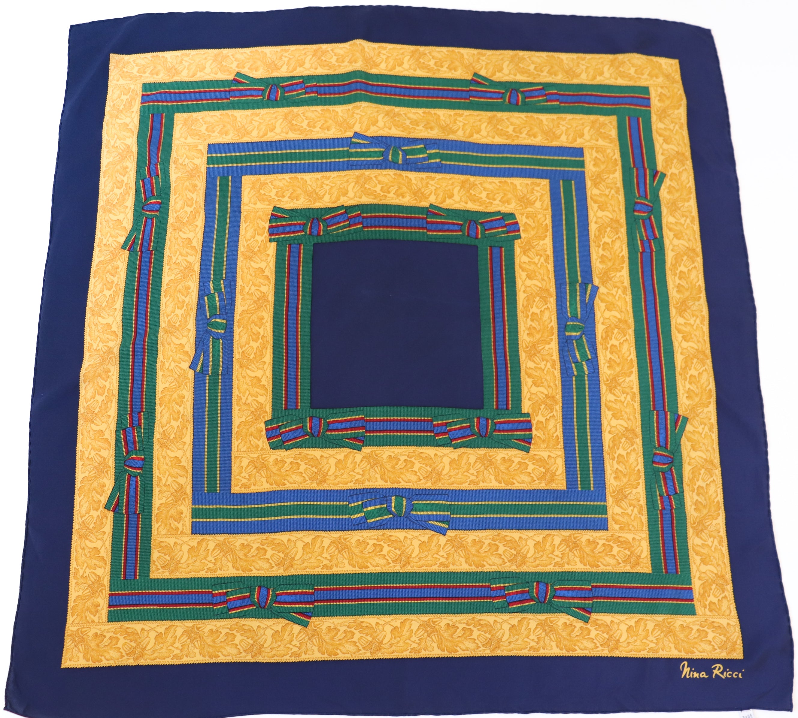 Nina Ricci Vintage Silk Scarf - Blue / Green / Gold Bow Grosgrain Print - LARGE