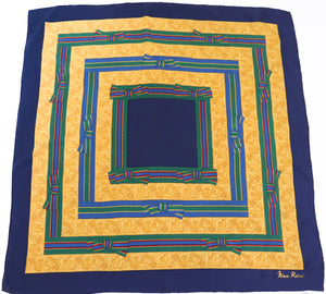 Nina Ricci Vintage Silk Scarf - Blue / Green / Gold Bow Grosgrain Print - LARGE