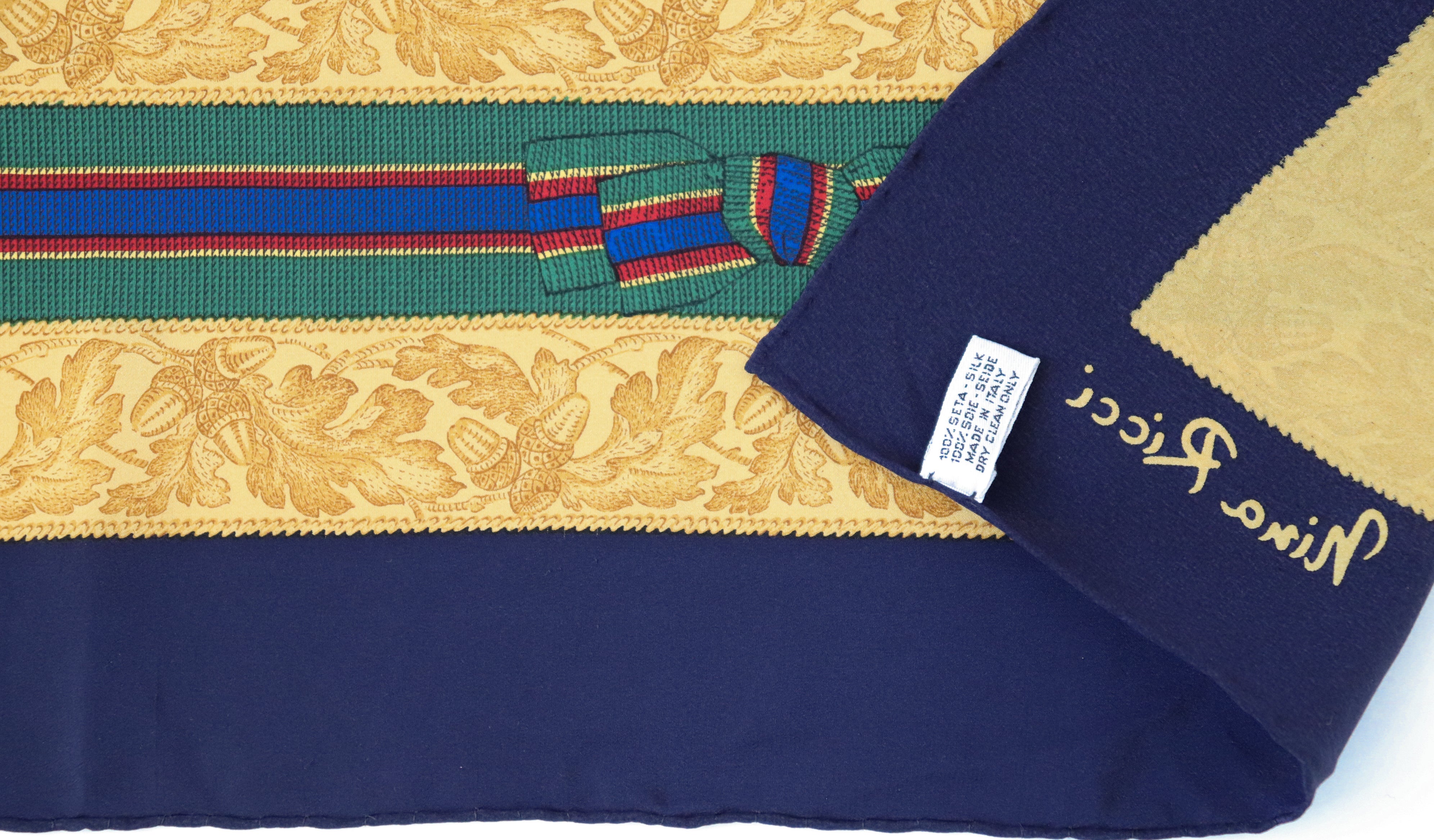 Nina Ricci Vintage Silk Scarf - Blue / Green / Gold Bow Grosgrain Print - LARGE