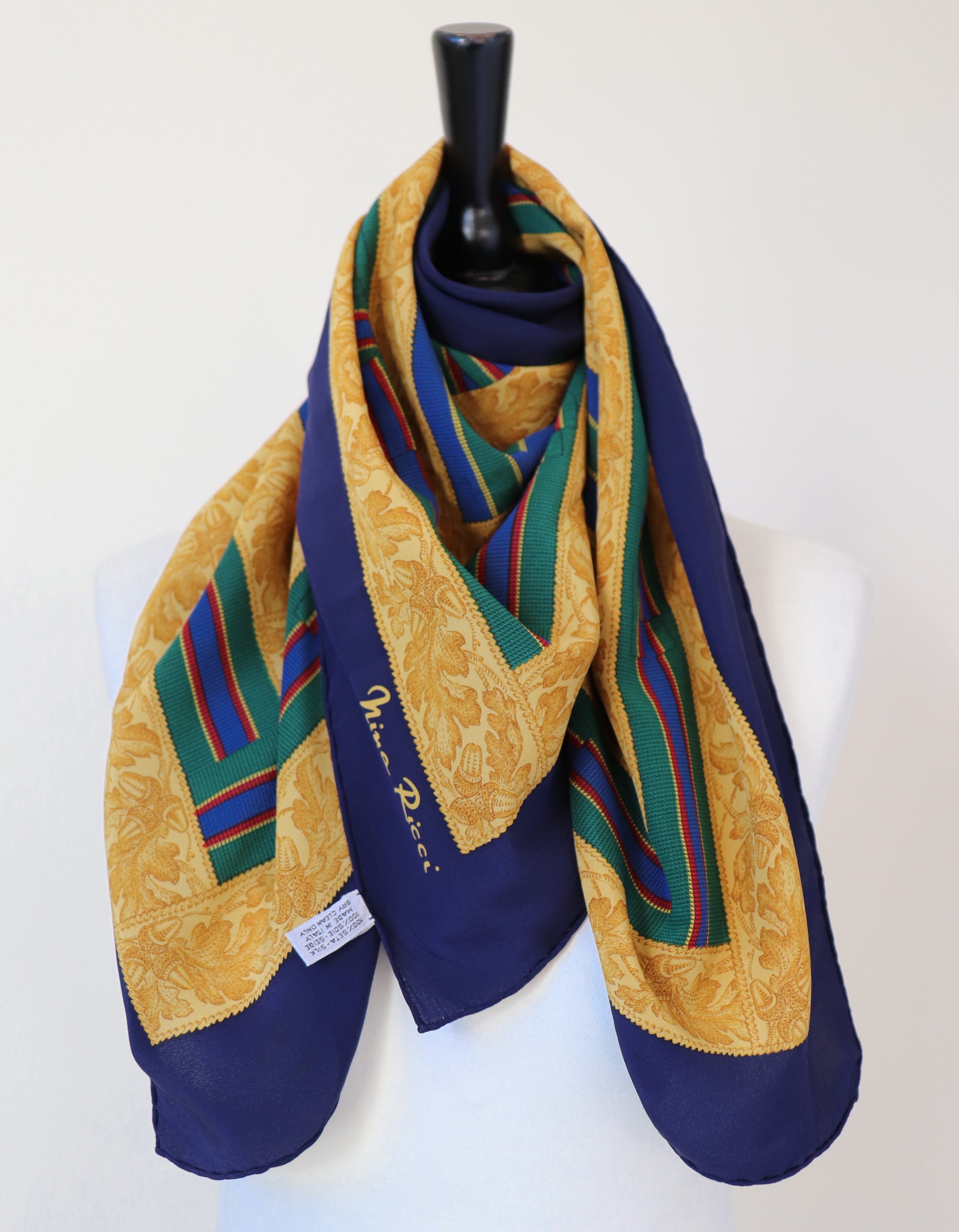 Nina Ricci Vintage Silk Scarf - Blue / Green / Gold Bow Grosgrain Print - LARGE