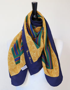 Nina Ricci Vintage Silk Scarf - Blue / Green / Gold Bow Grosgrain Print - LARGE