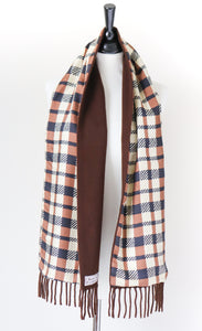 Mens Vintage Silk / Wool / Cashmere Scarf - Cream Brown Checked Print - LONG