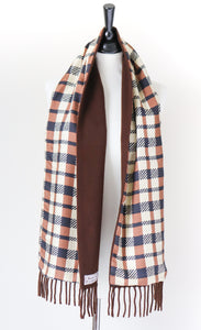 Mens Vintage Silk / Wool / Cashmere Scarf - Cream Brown Checked Print - LONG