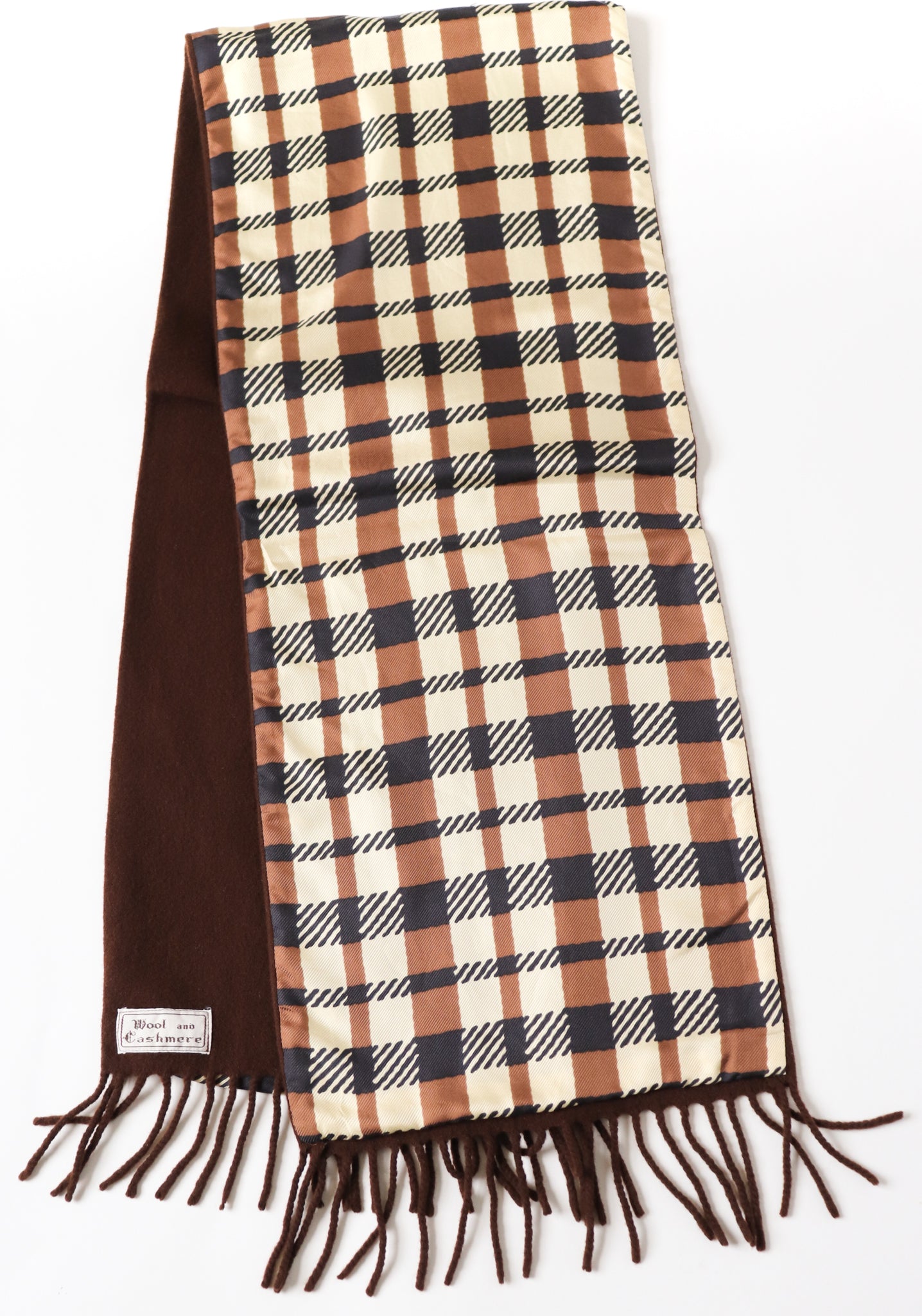 Mens Vintage Silk / Wool / Cashmere Scarf - Cream Brown Checked Print - LONG