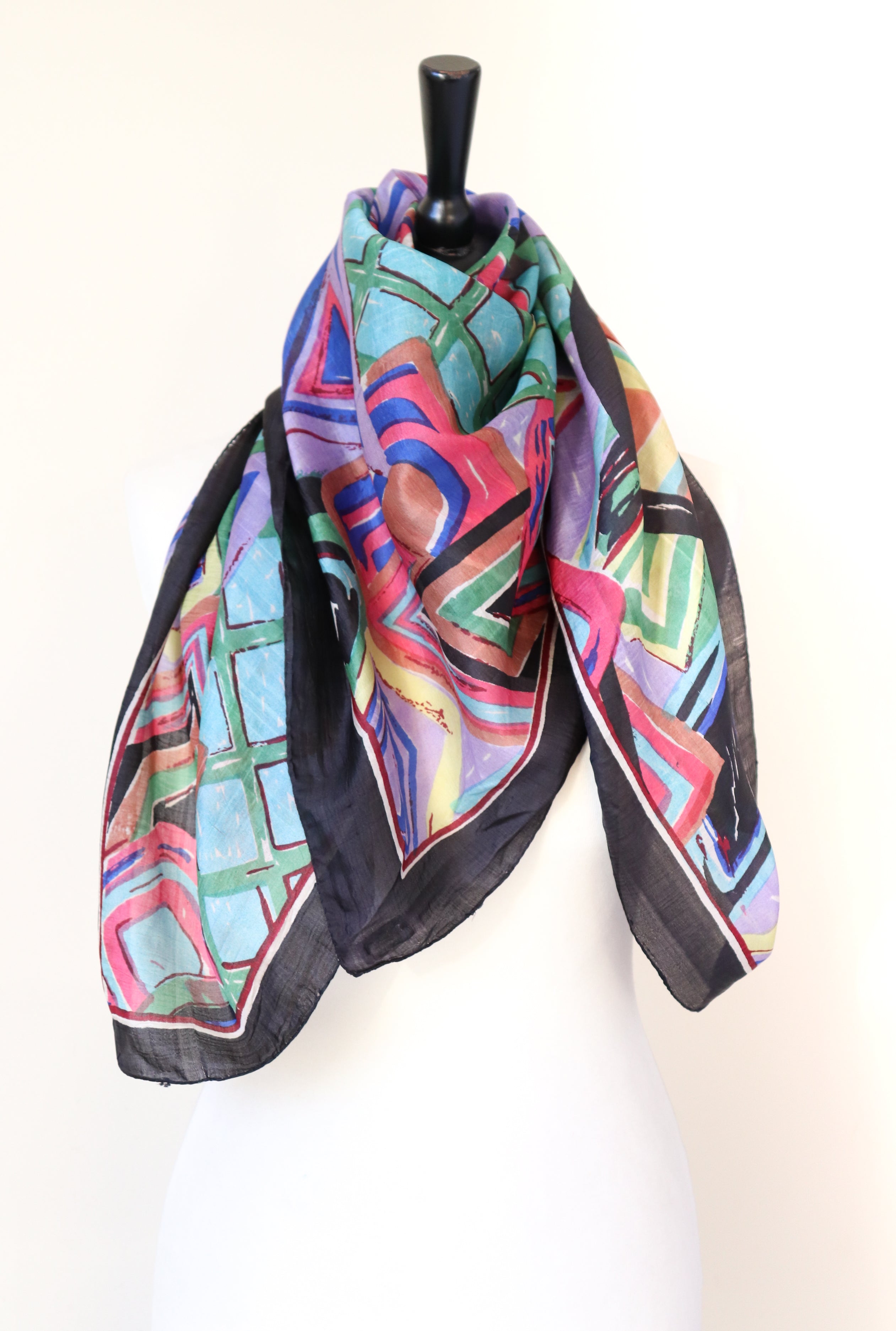 Indian Silk Scarf 1980s Vintage Scarf - Multicolour Art Pattern - X Large