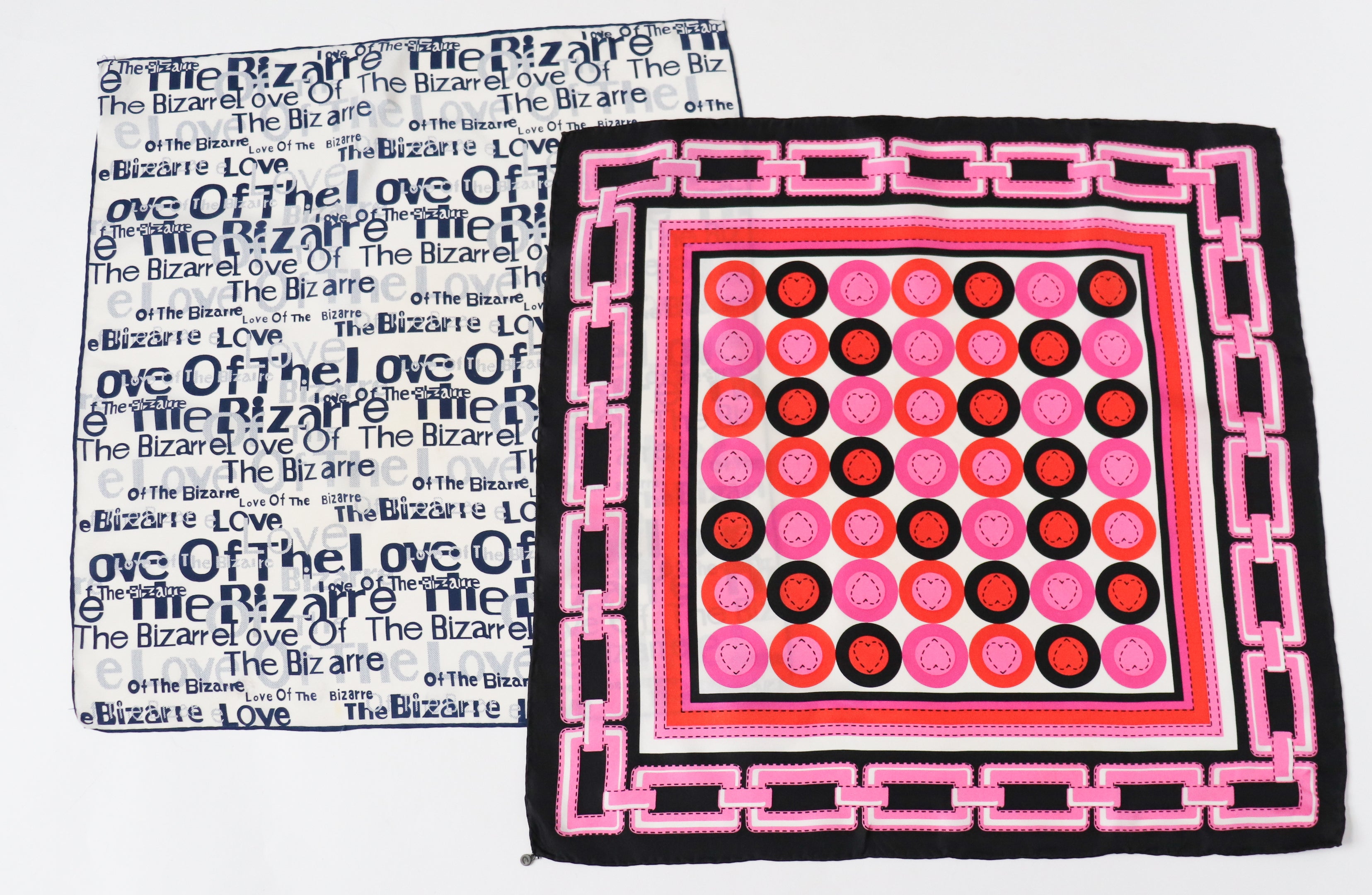 Two Neckerchief  Silk Scarves - Codello Pink Hearts / Bizarre Love -  X Small