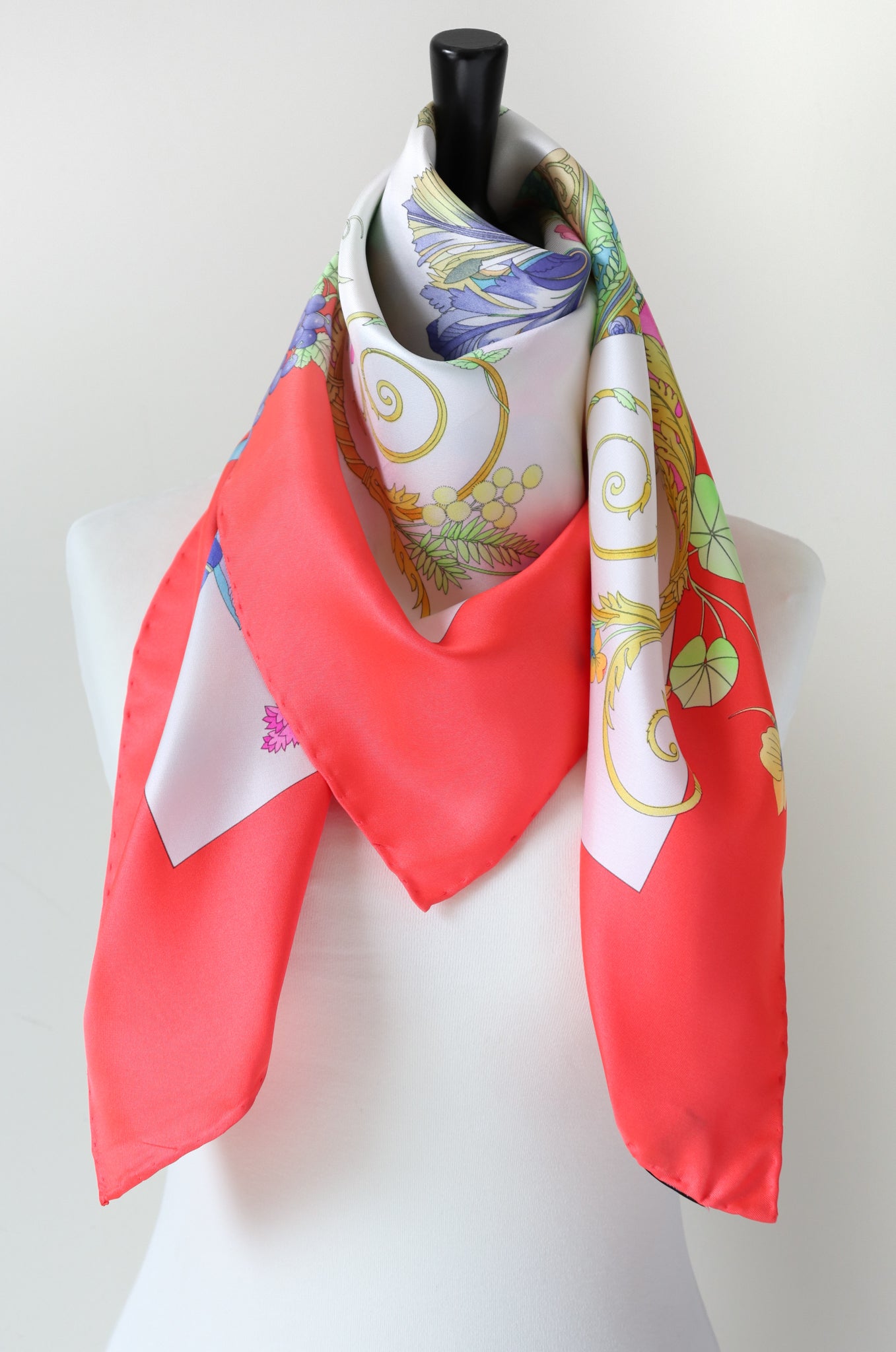 Leonard Silk Scarf - Coral Orange Red - Floral  Print - Large