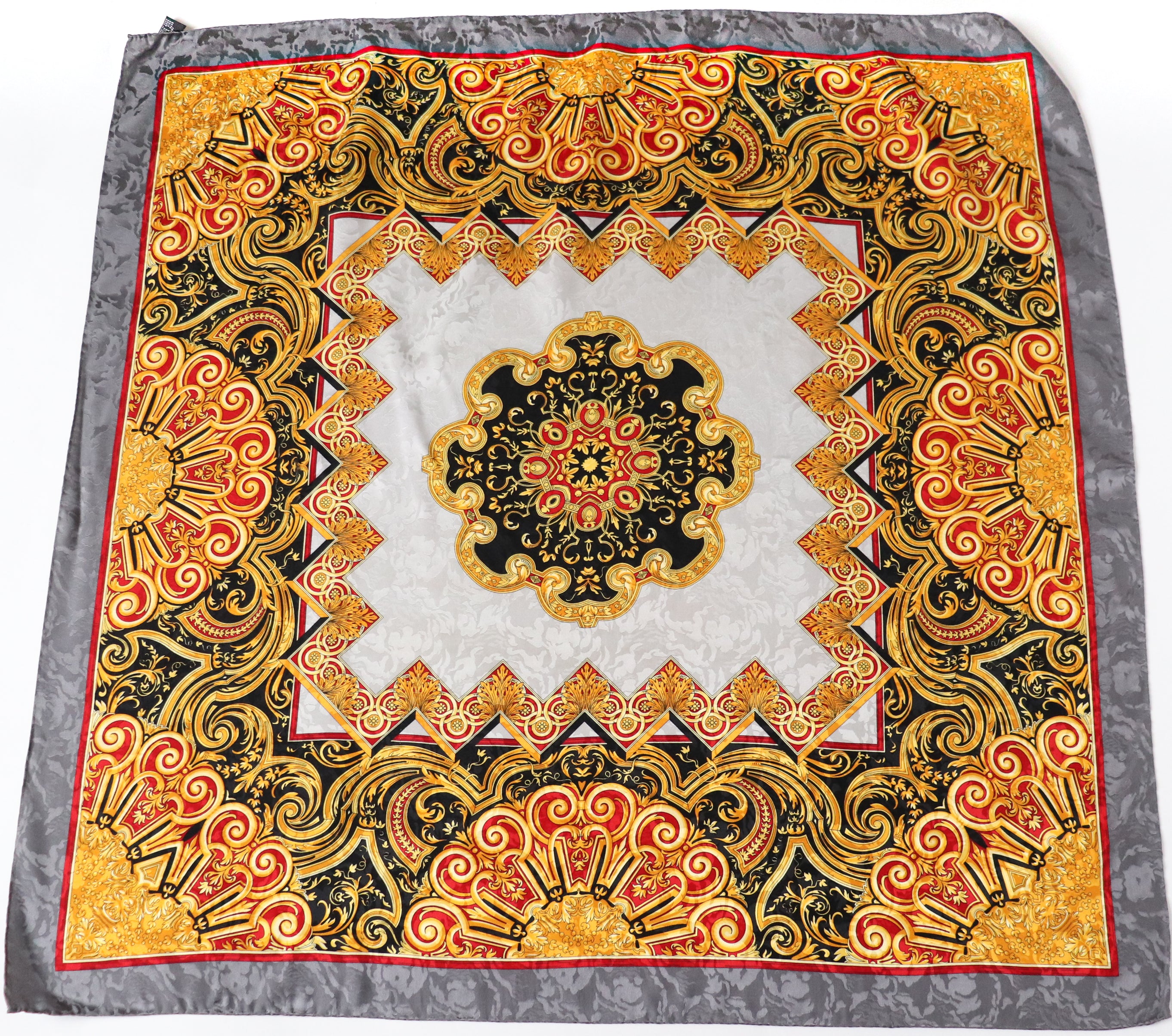 Baroque Vintage Silk Scarf - Grey / Red / Gold  90 x 90  -  LARGE