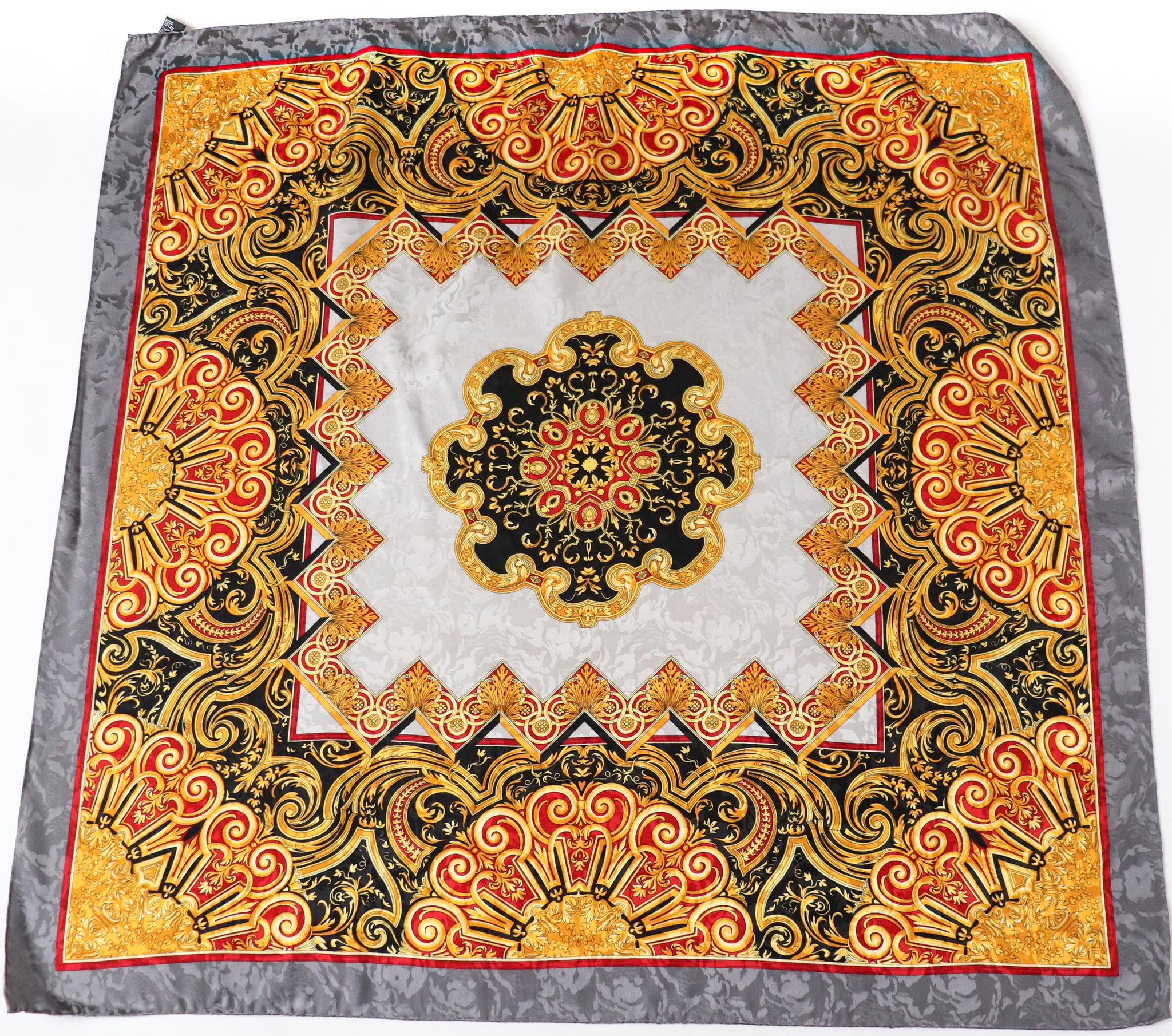 Baroque Vintage Silk Scarf - Grey / Red / Gold  90 x 90  -  LARGE