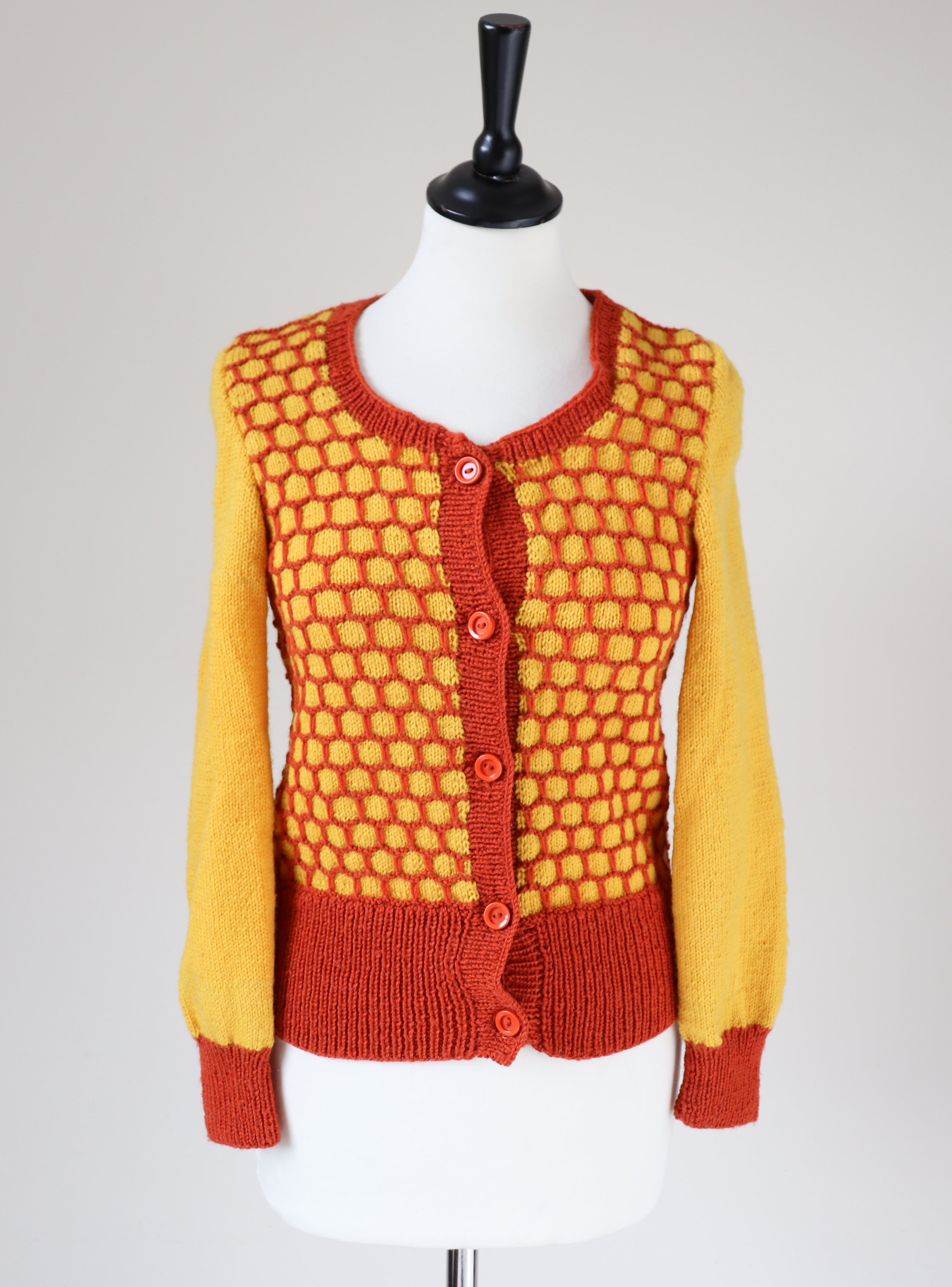Hand Knitted Wool Cardigan - Yellow - 1940s Land Girl Style - S / UK 10