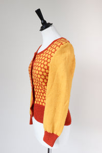 Hand Knitted Wool Cardigan  - Yellow - 1940s Land Girl Style - S / UK 10